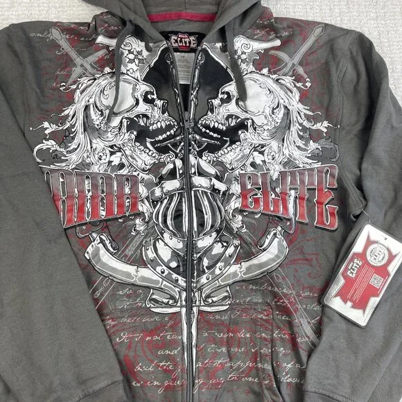 NWT MMA Elite Hoodie Gray Full Zip Up Small Y2K Goth Skull Punk Affliction Style - Picture 9 of 16